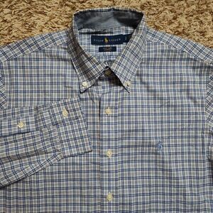 Ralph Lauren Blue‎ Plaid Men Sz S Stretch Oxford Long Sleeve Button Up Shirt